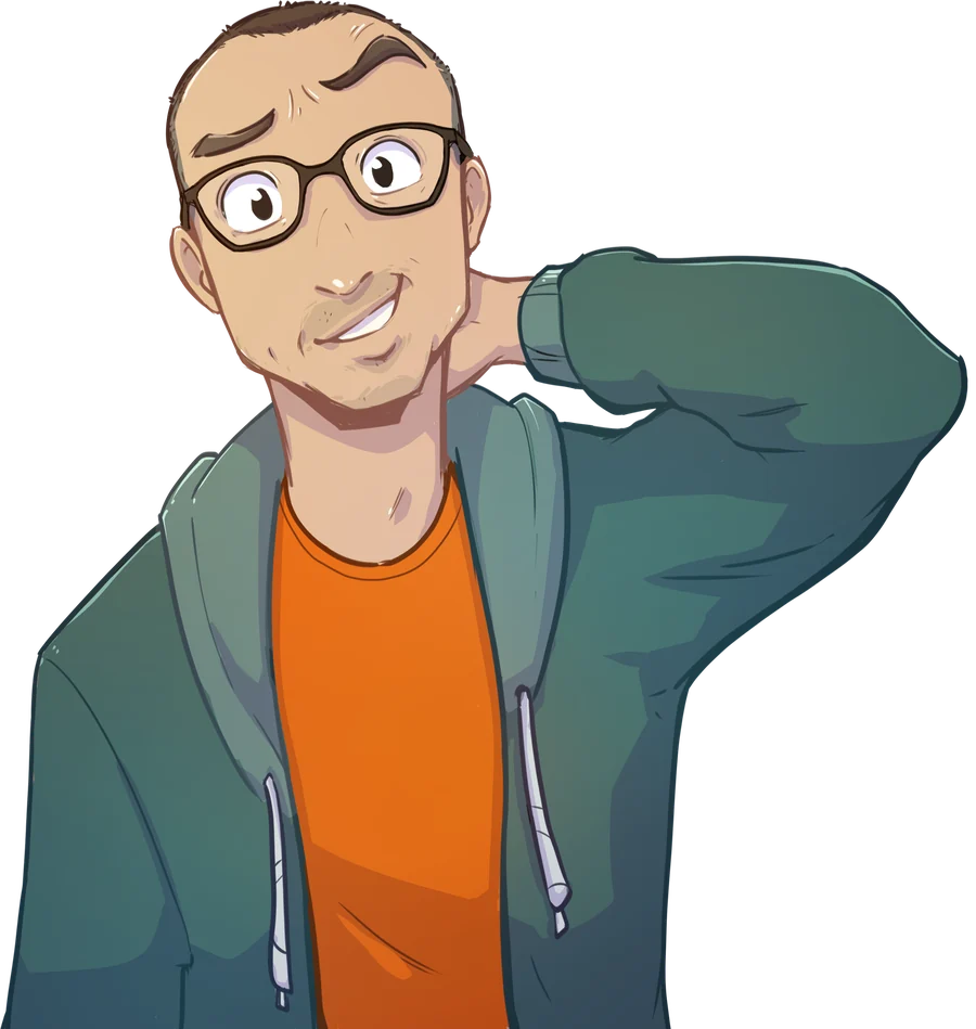 Gezeichneter Avatar von Patangi mit Brille, orangem Shirt und petrolfarbenem Hoodie, der sich verlegen am Nacken kratzt